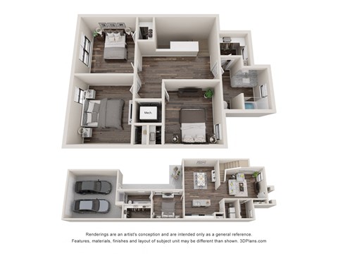 a stylized 3d floor plan with a bedroom and a living room